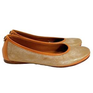 Trask Piper Gold Metallic Brush Off Natural Vachetta Leather Flats